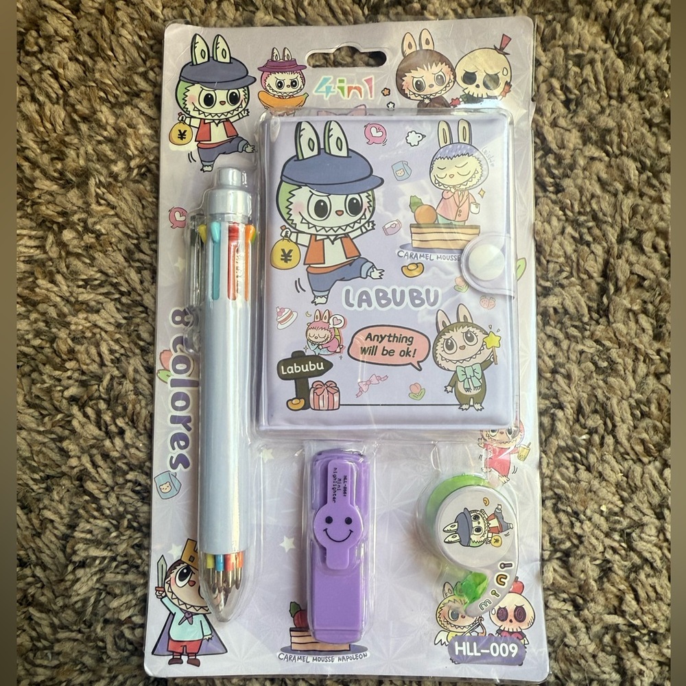 Labubu Stationery Set, Pen, Notebook, Marker & Tape, Purple Color